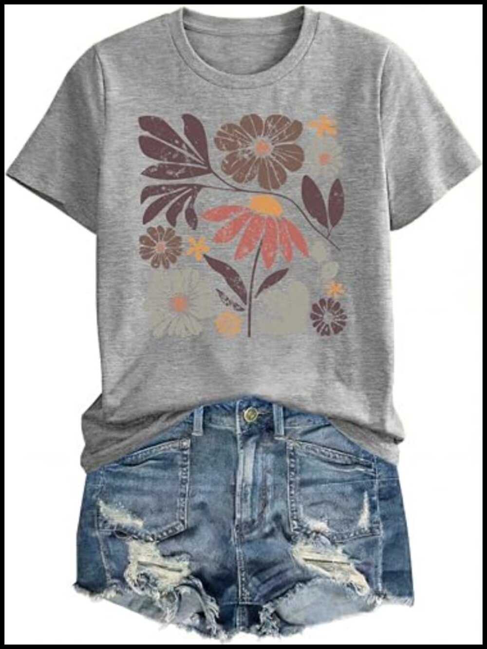 Womens Floral Graphic Tee Boho Vintage Short Sleeve Crew Neck Top